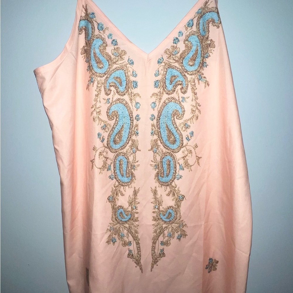 Peach V-Neck Slip dress with Blue Paisley Detail